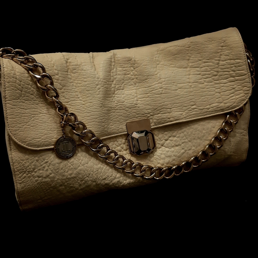 Lanvin Beige Lambskin Leather Gold Chain Shoulder Bag Jumbo Front Flap Satchel